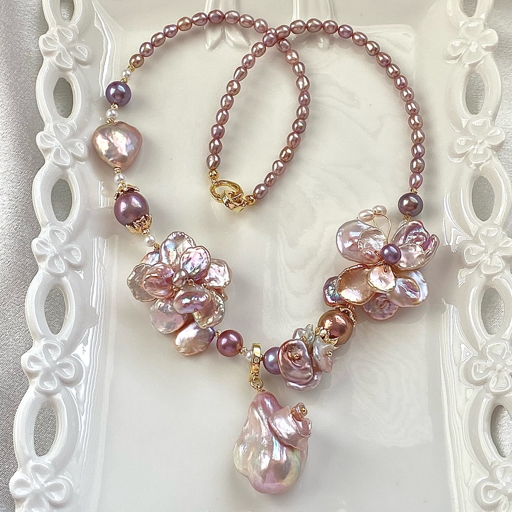 N121-Premium Quality Sakura Pink flower, Butterfly And Pink flameball Necklace